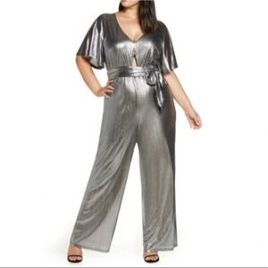 Refinery29 x ELOQUII Silver Metallic Jumpsuit Wide Leg Plus Size 22